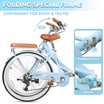 26 Inch 7-Speed Folding Cruiser Bike with Basket