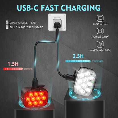 USB Rechargeable Bike Light Set with Front and Rear