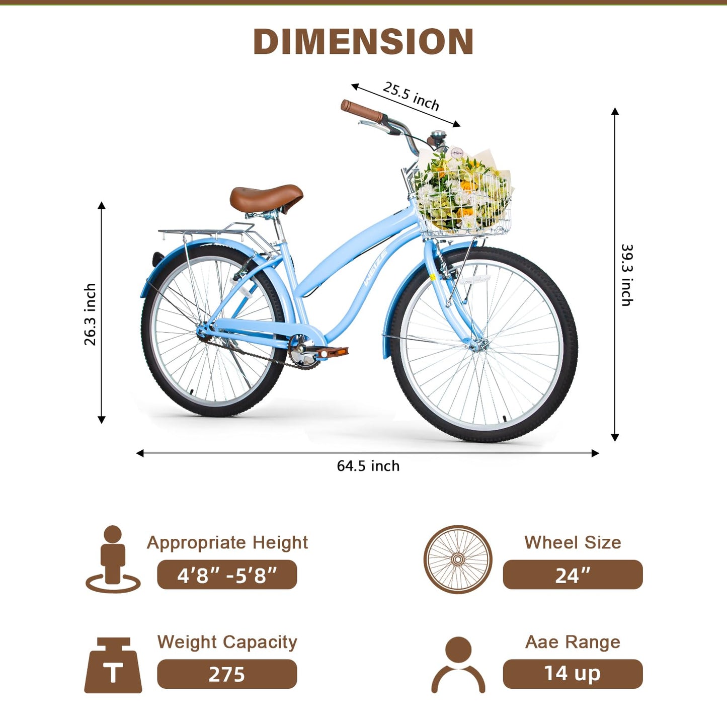 26 Inch Beach Cruiser Bike with Rear Rack