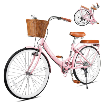 26 Inch 7-Speed Folding Cruiser Bike with Basket