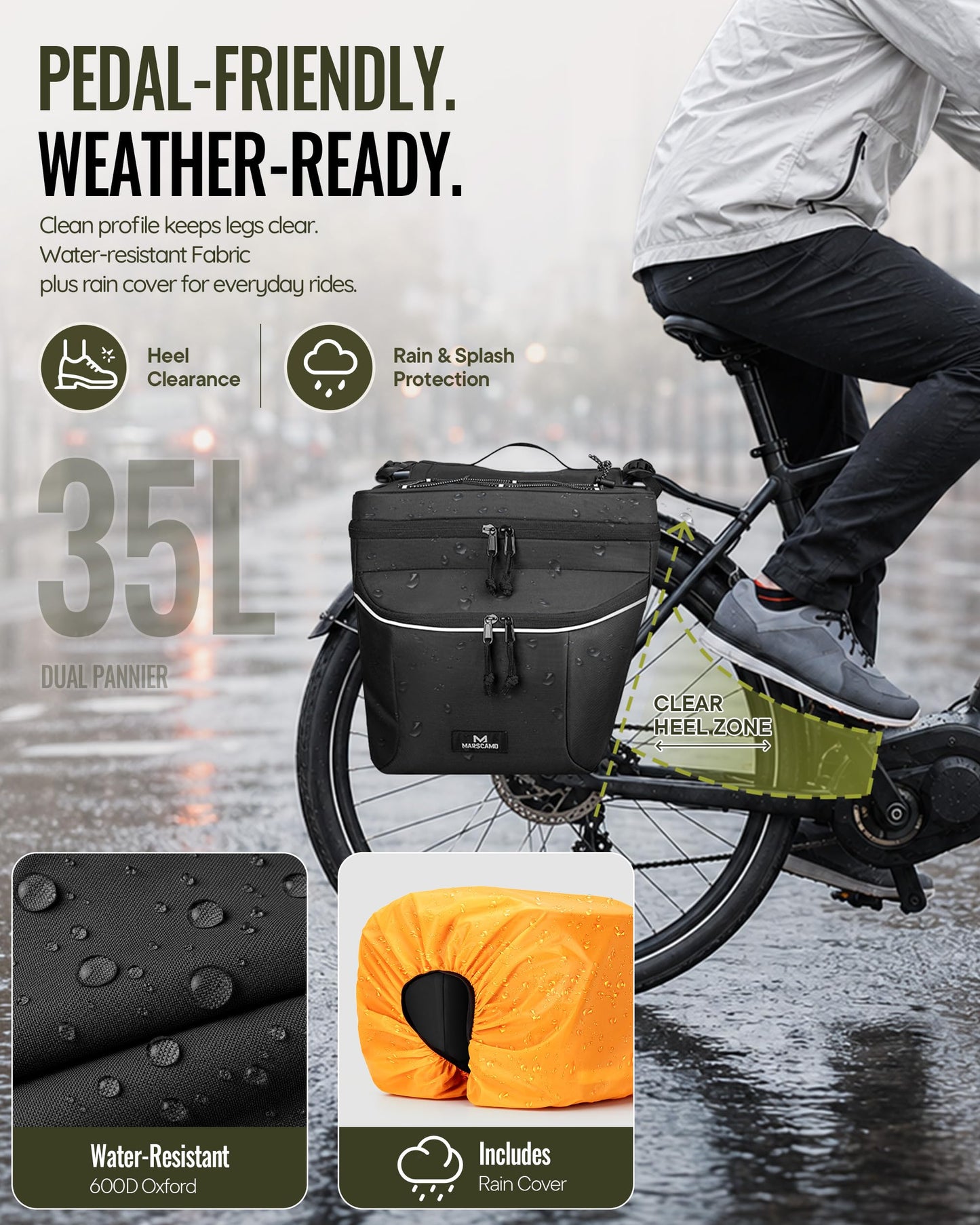 35L Waterproof Bike Pannier Bag with Rain Cover