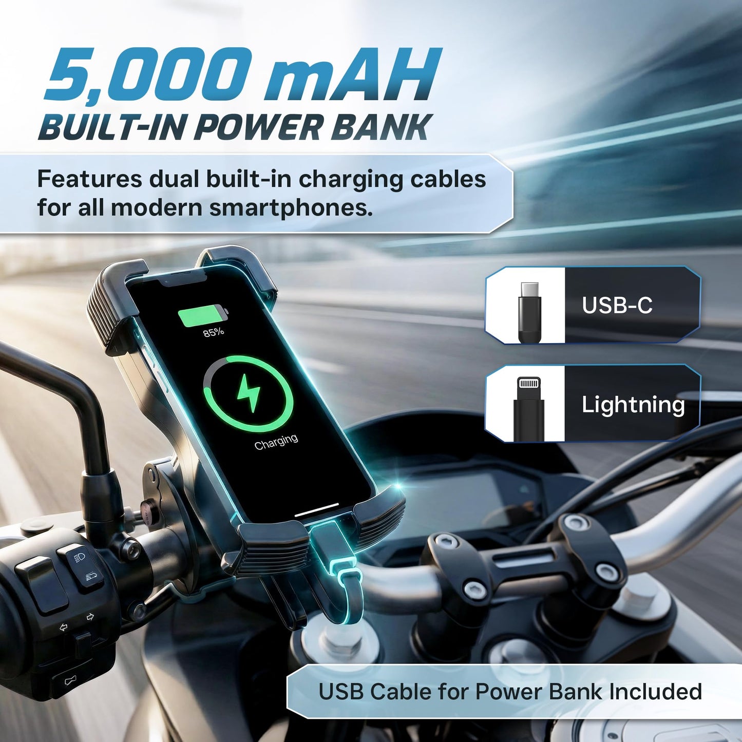 Rechargeable Motorcycle Phone Mount with Battery