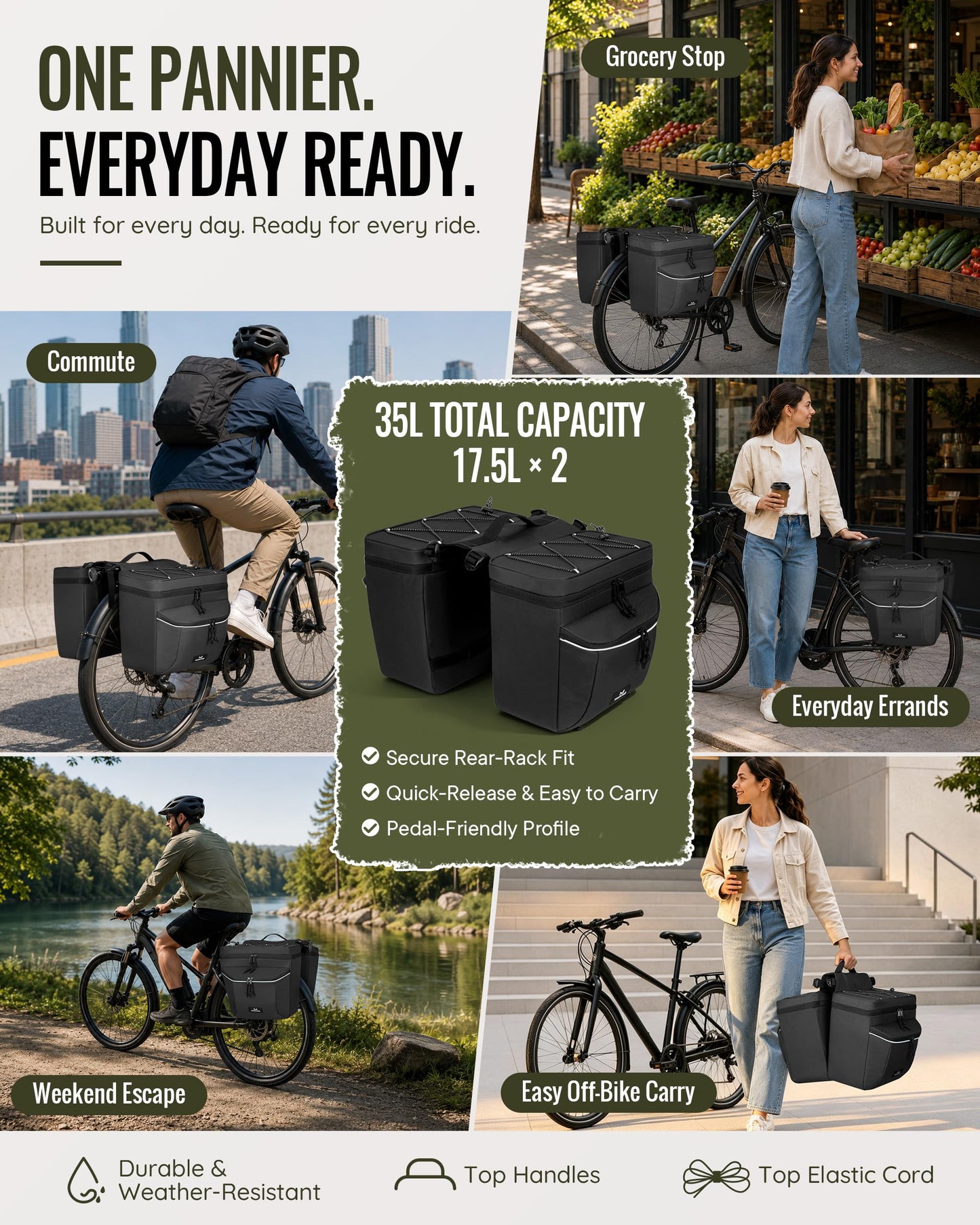 35L Waterproof Bike Pannier Bag with Rain Cover